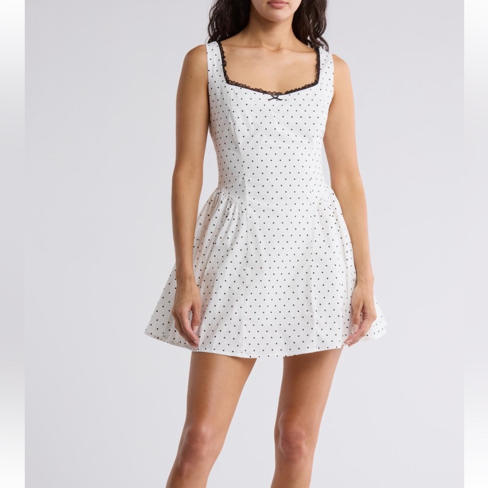 NWT Lush Lace Trim A-Line Minidress in White Black Polkadot